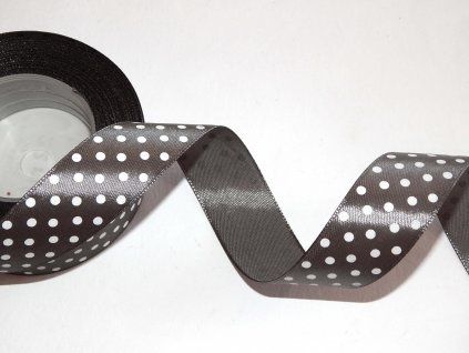 Saténová dekorační stuha AKSA 12 mm x 22 m, šedá s puntíky, jemný lesk